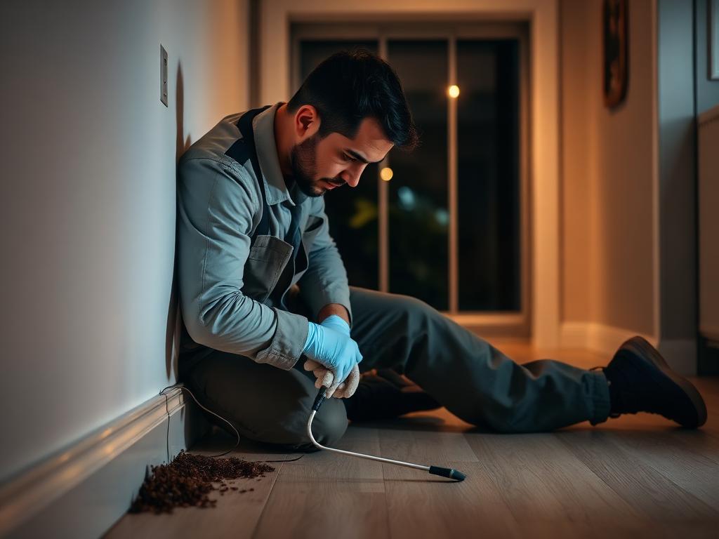 Pest control technician treating a baseboard inside a Boulder home