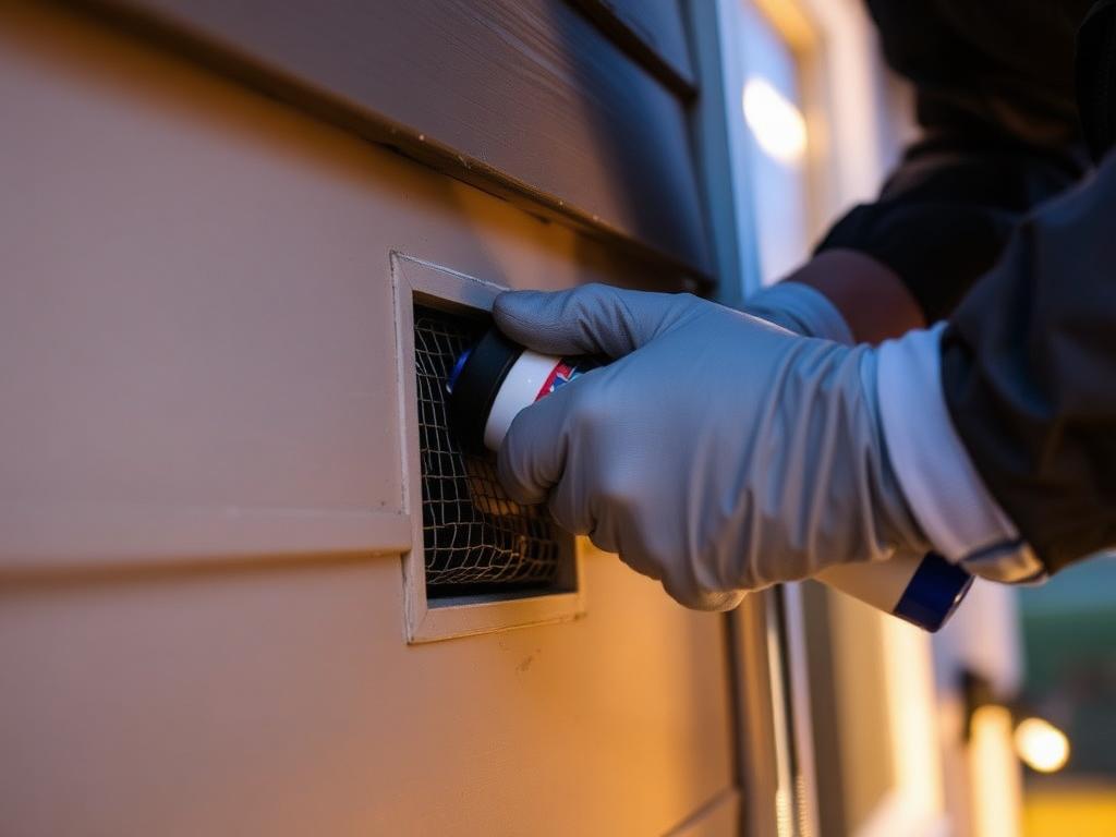 Technician sealing a rodent entry point in a home's exterior wall