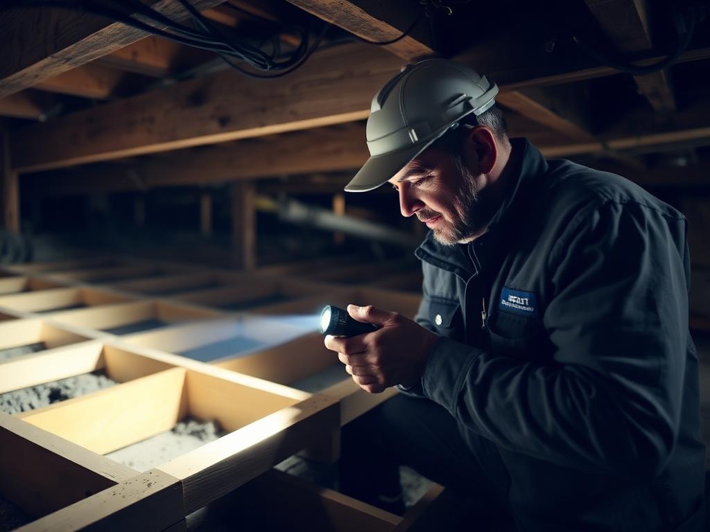 Inspector checking wood framing for termite damage with a flashlight