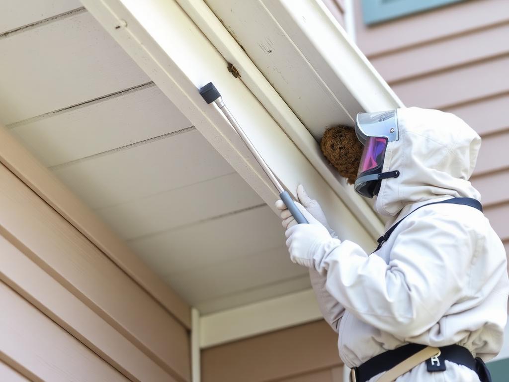 Technician in protective gear removing a wasp nest from under a house eave